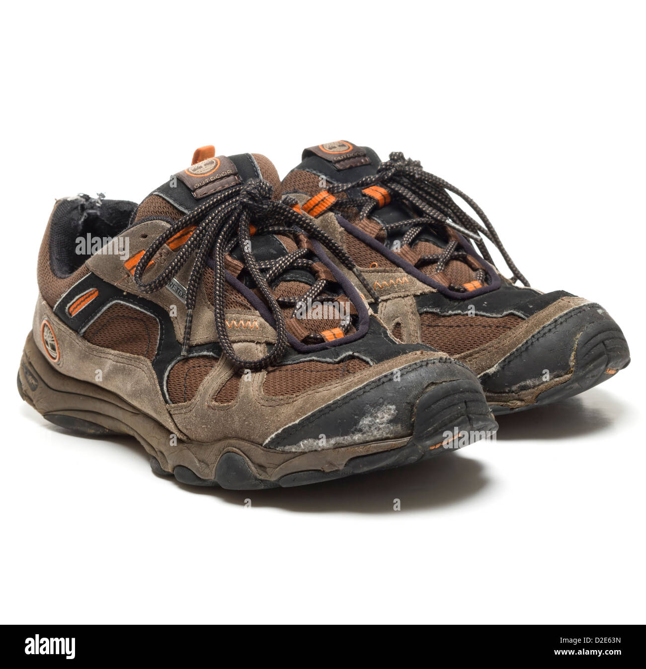 Una coppia di usurati brown Timberland scarpe da escursionismo Foto Stock
