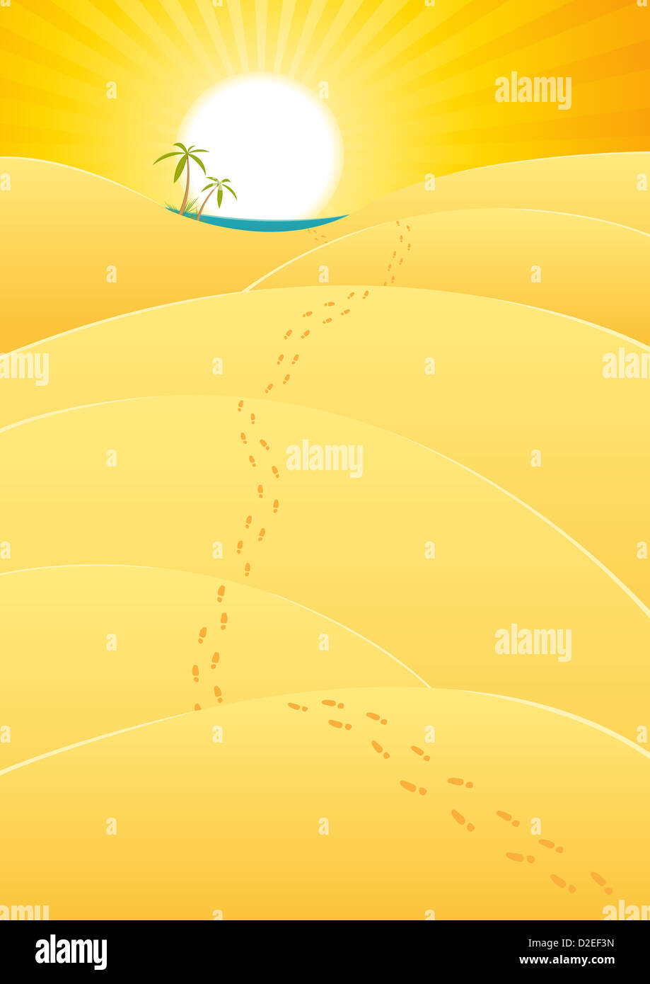 Illustrazione di un cartone animato lungo viaggio dentro il paesaggio del deserto con impronte che conduce al oasis Foto Stock