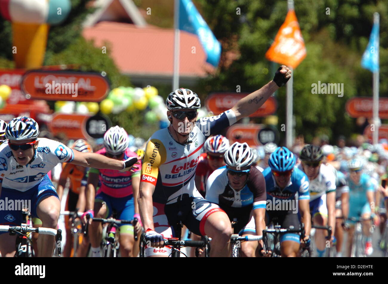 Lobethal, Australia. Il 22 gennaio, 2013. Andre Greipel vince una tappa del Tour Down Under. Foto Stock