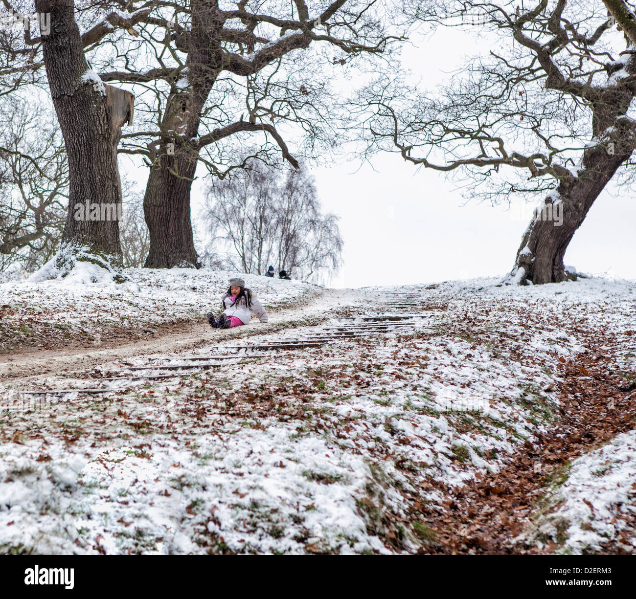 Un giovane bambino con slitta sled su un pendio in discesa nella neve in presenza di neve il parco di Richmond in inverno, Richmond Upon Thames, Greater London, Regno Unito Foto Stock