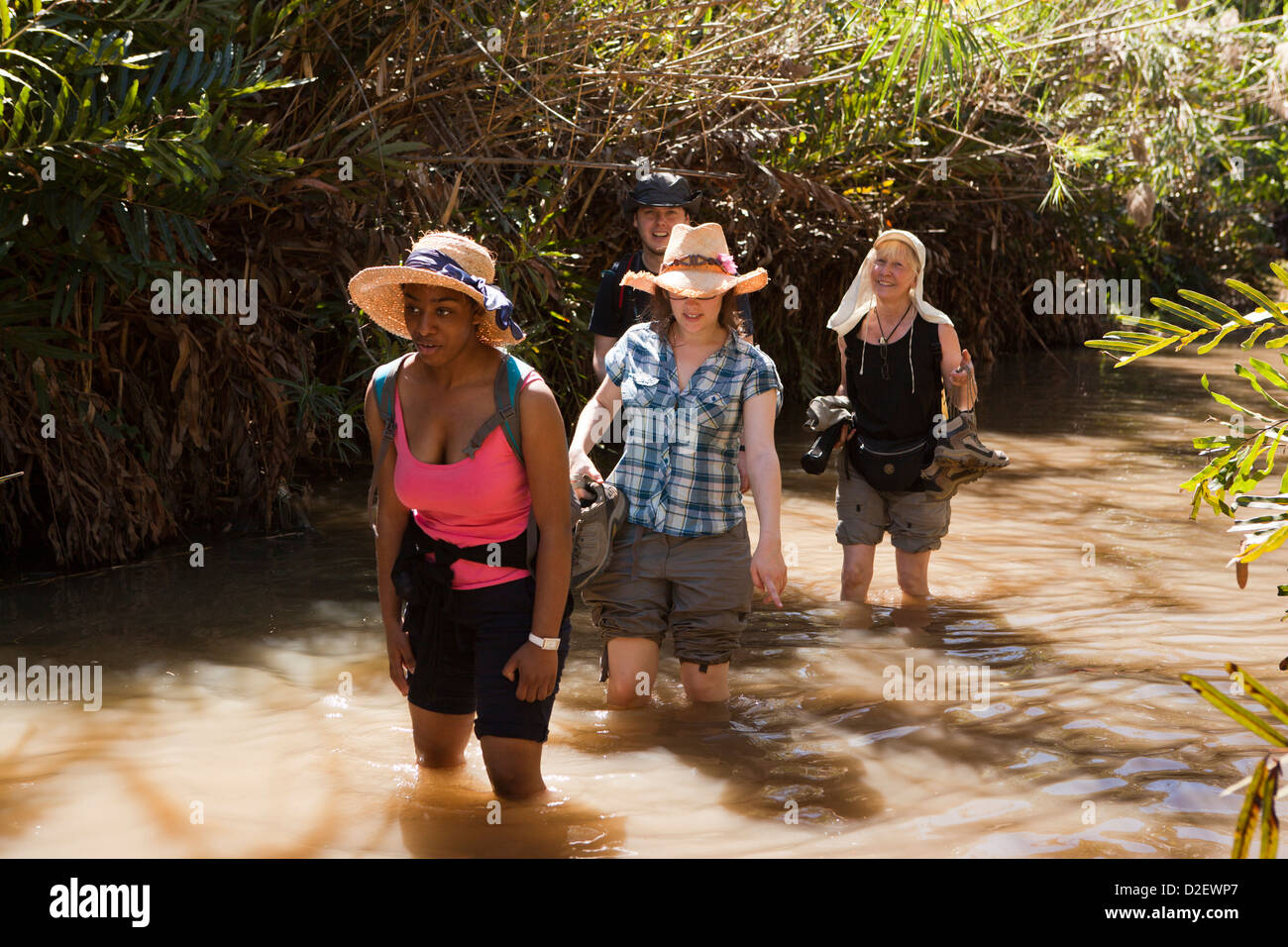 Madagascar, Funzionamento Wallacea, gli studenti e il personale inoltrarmi nel flusso per Matsedroy Foto Stock