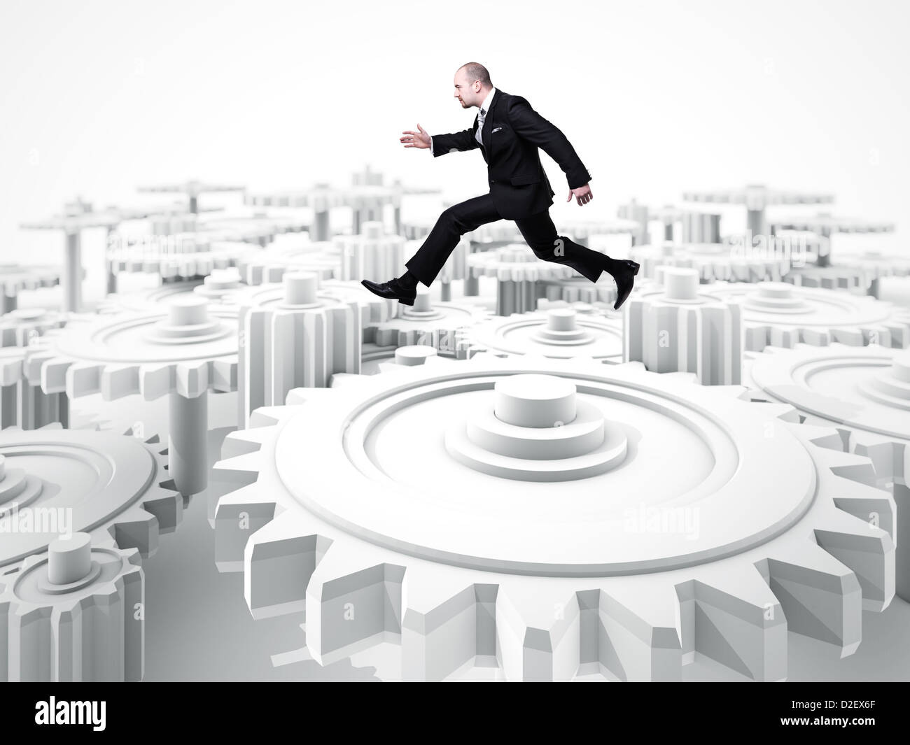 Uomo caucasico salto oltre 3D sfondo di ingranaggio Foto Stock