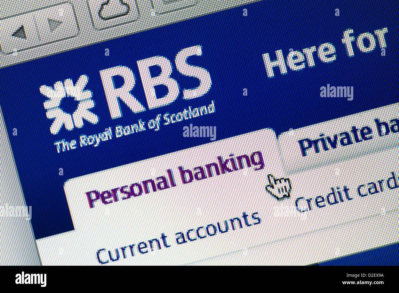 Royal Bank of Scotland, logo RBS e sito web close up Foto Stock