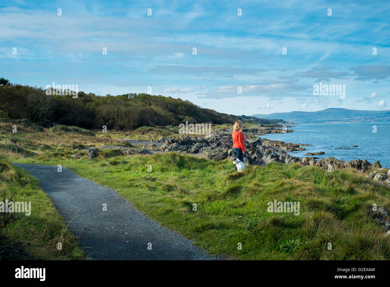 Donna con cane in piedi sul Nord costa giù da soli l'età di Belfast Lough Foto Stock