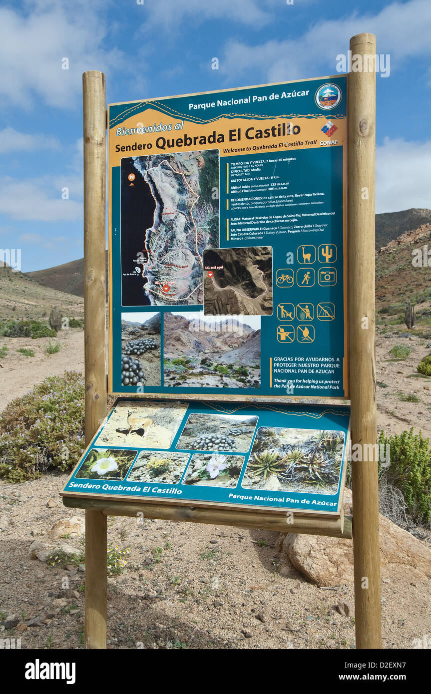 Scheda informazioni all'ingresso Quebrada del Castillo Parque National Pan de Azucar Atacama (III) Il Cile America del Sud Foto Stock