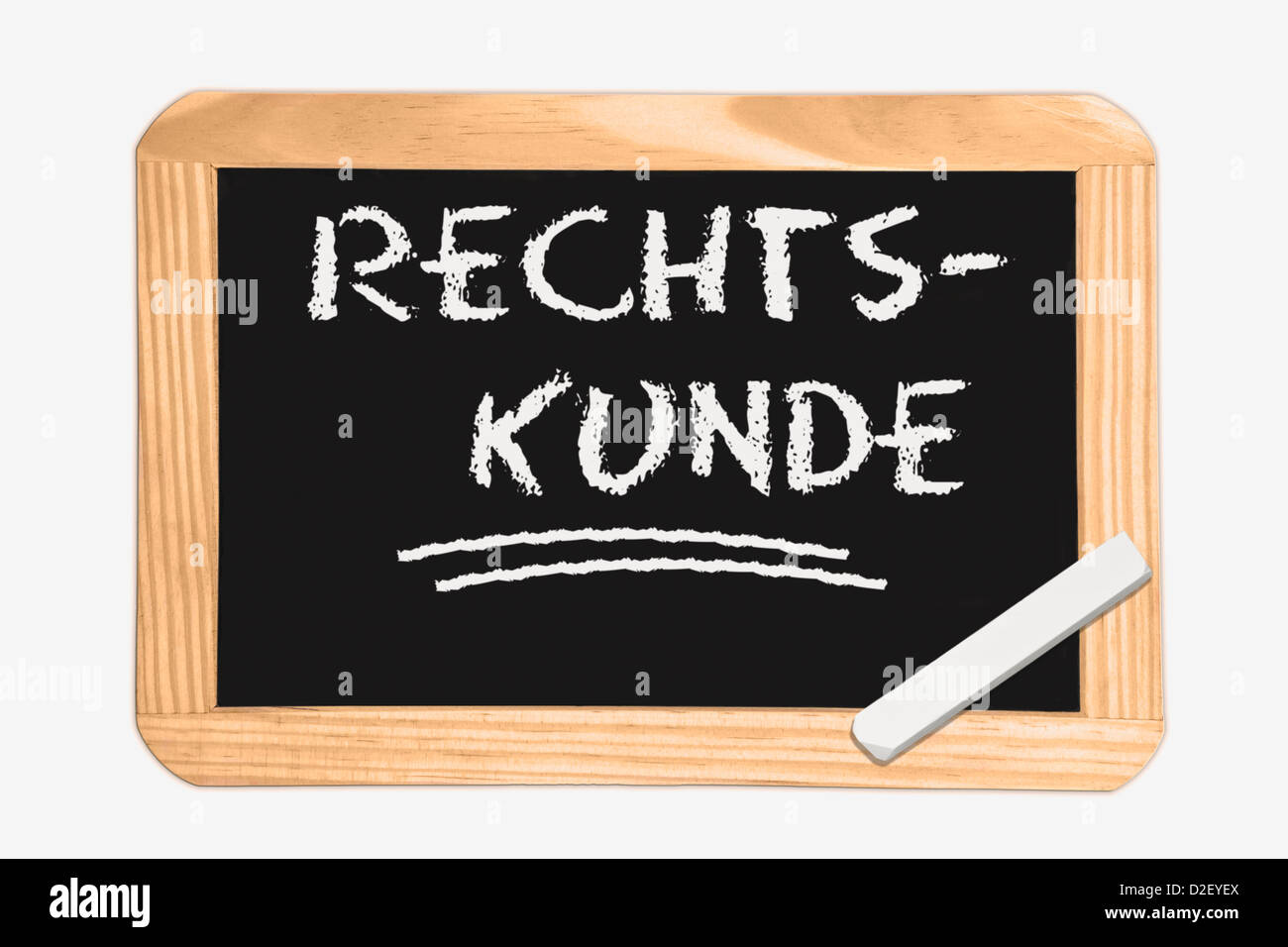 Dettaglio foto di una lavagna con il tedesco iscrizione Business Law, bianco gesso si trova in un angolo Foto Stock