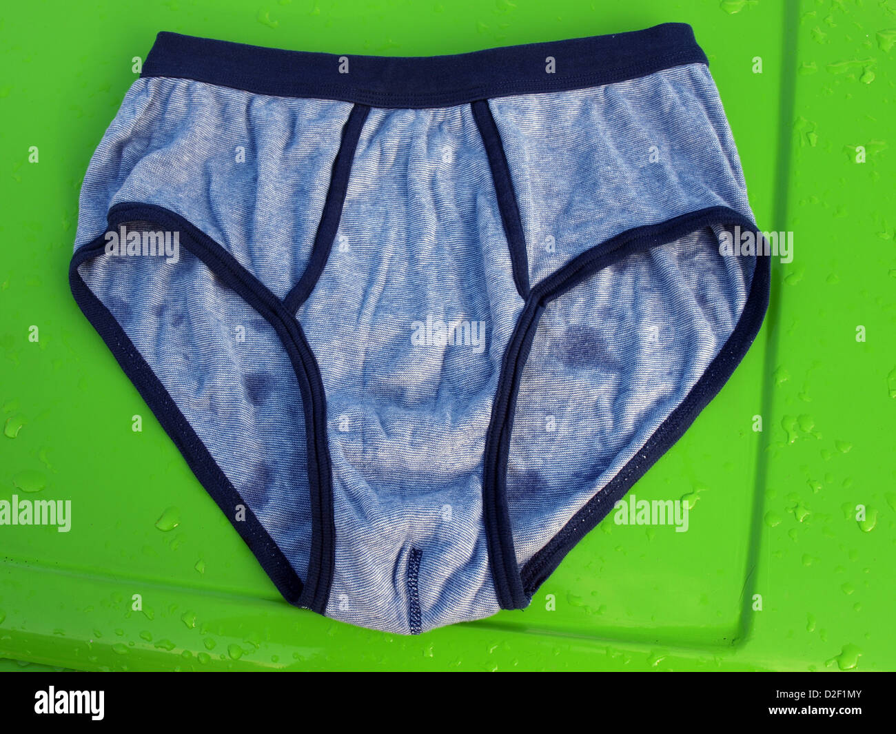 Wet Blue costume da bagno asciuga sul verde auto coperchio motore Foto Stock