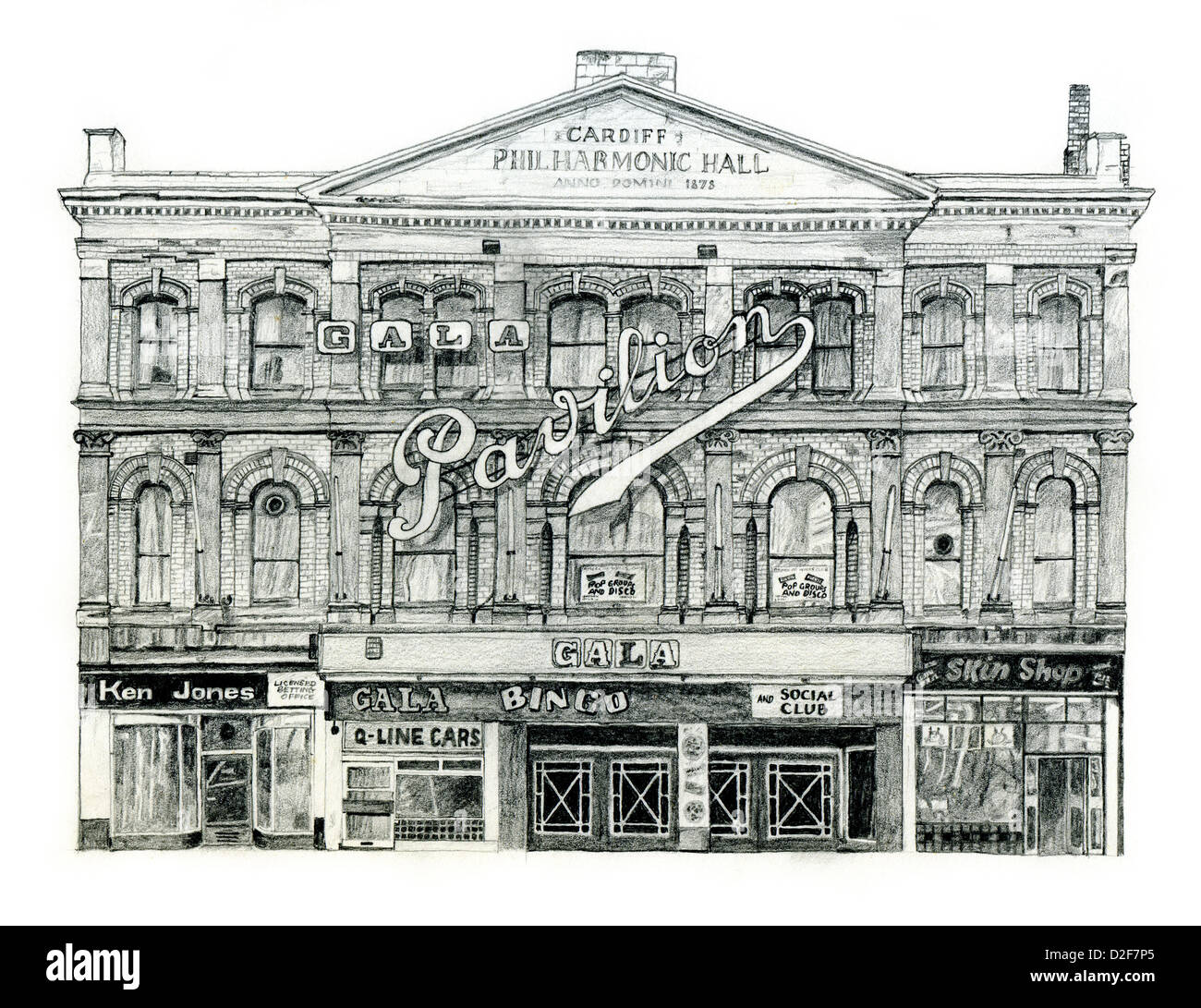 Il Galles, Cardiff, St Mary Street, la Philharmonic Hall negli anni settanta disegno a matita Foto Stock
