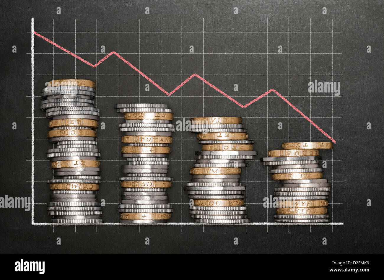 Grafico discendente, discendente - concetto di perdita finanziaria aziendale finanziaria - monete su sfondo lavagna che formano un grafico a barre discendente Foto Stock