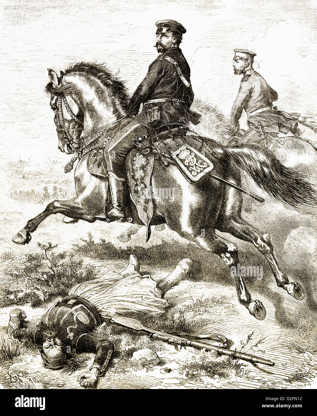 Frederick Charles Nicholas di Prussia, 1828 - 1885, un principe di Prussia e comandante, a cavallo su un soldato morto Foto Stock