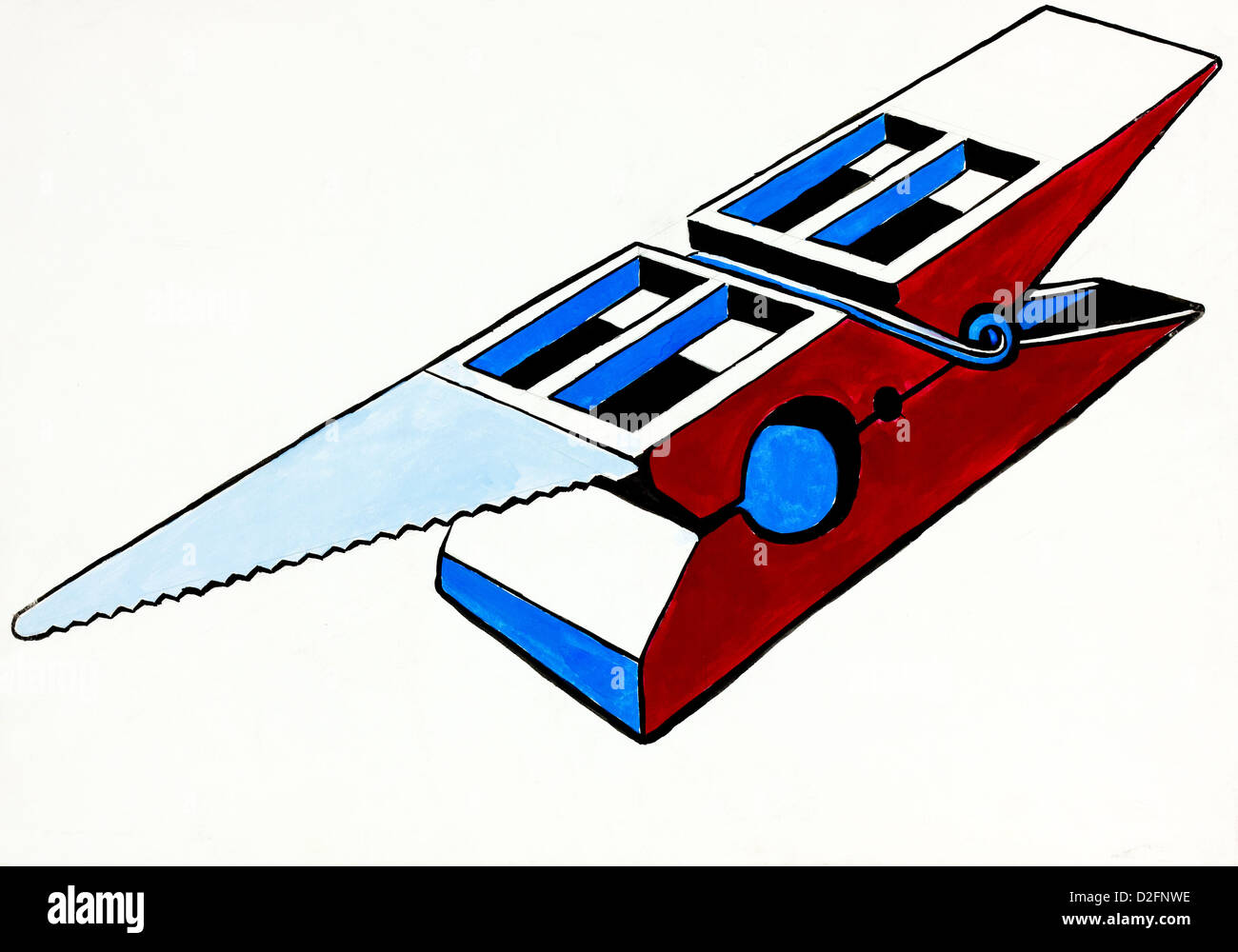 Riassunto originale color acqua e disegnati a mano di pittura o schizzo di una lavanderia il pin nella forma di una sega a mano Foto Stock