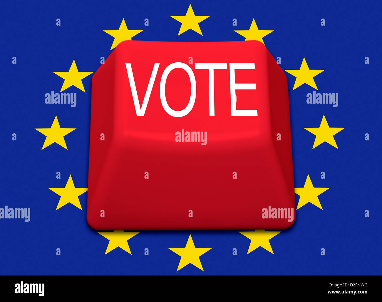 Rosso isolato chiave del computer con la parola votare su una bandiera dell'Unione europea sullo sfondo - UK referendum sul voto in Europa Foto Stock