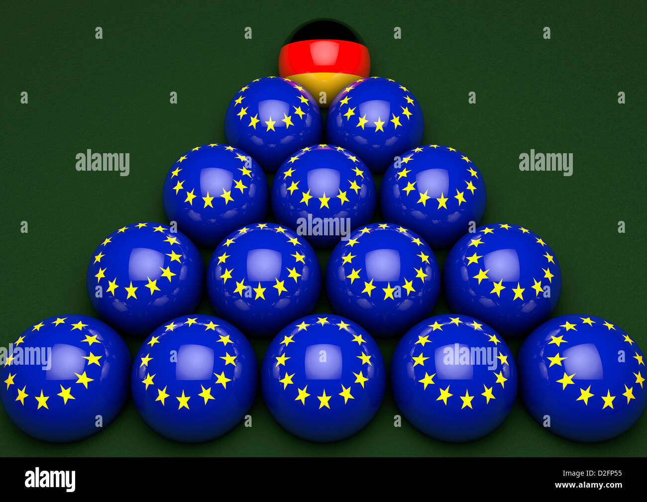 Triangolo di palle da biliardo con la bandiera europea e uno con la Germania bandiera in alto su una verde baize superficie Foto Stock