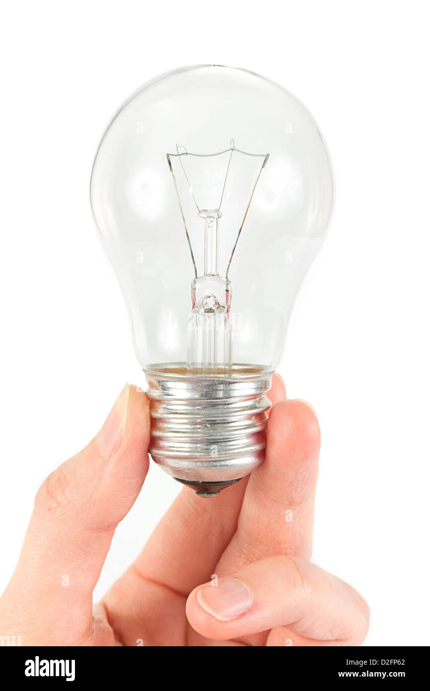 Idea brillante concetto della mano che tiene una lampadina elettrica su bianco Foto Stock