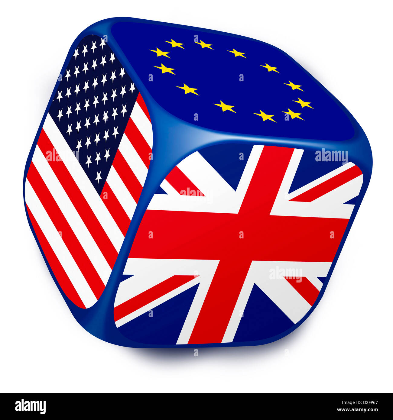 Dadi con le bandiere della Unione Europea, Regno Unito e Stati Uniti d'America su ciascuno dei suoi lati - i paesi della NATO Foto Stock