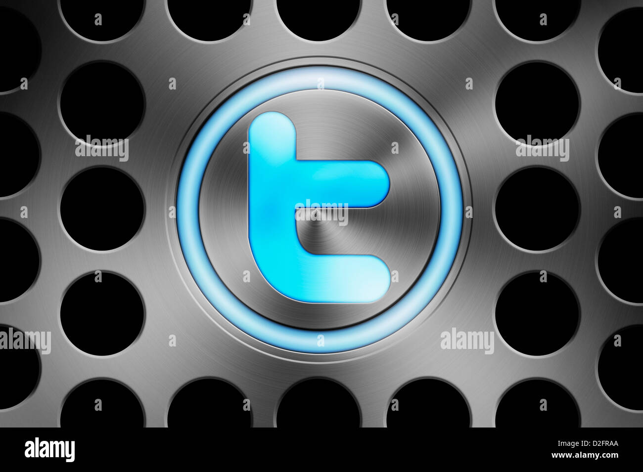 Blu brillante icona Twitter pulsante su un background informatico Foto Stock