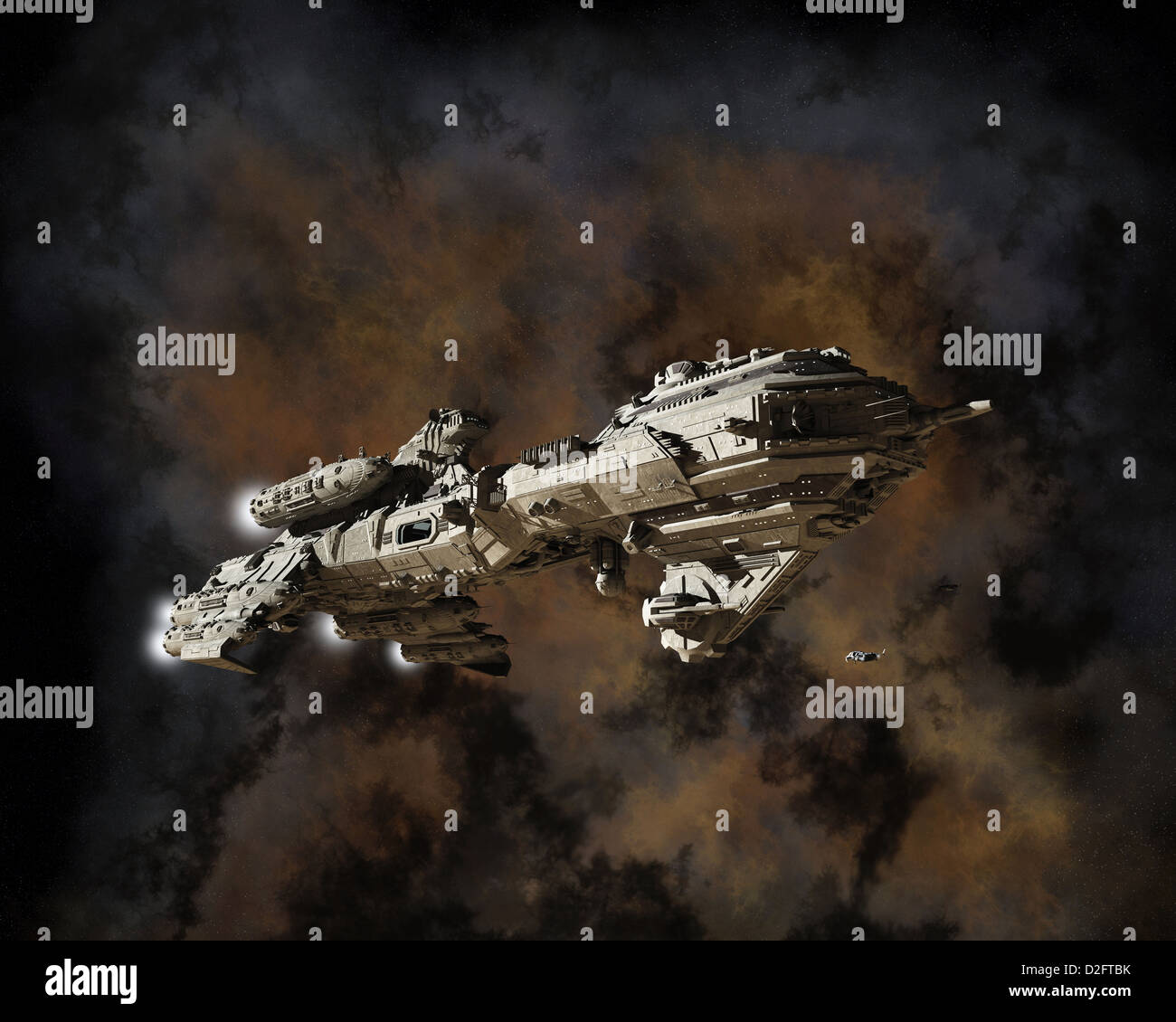 Escort interstellare fregata nebulosa e nello spazio esterno Foto Stock