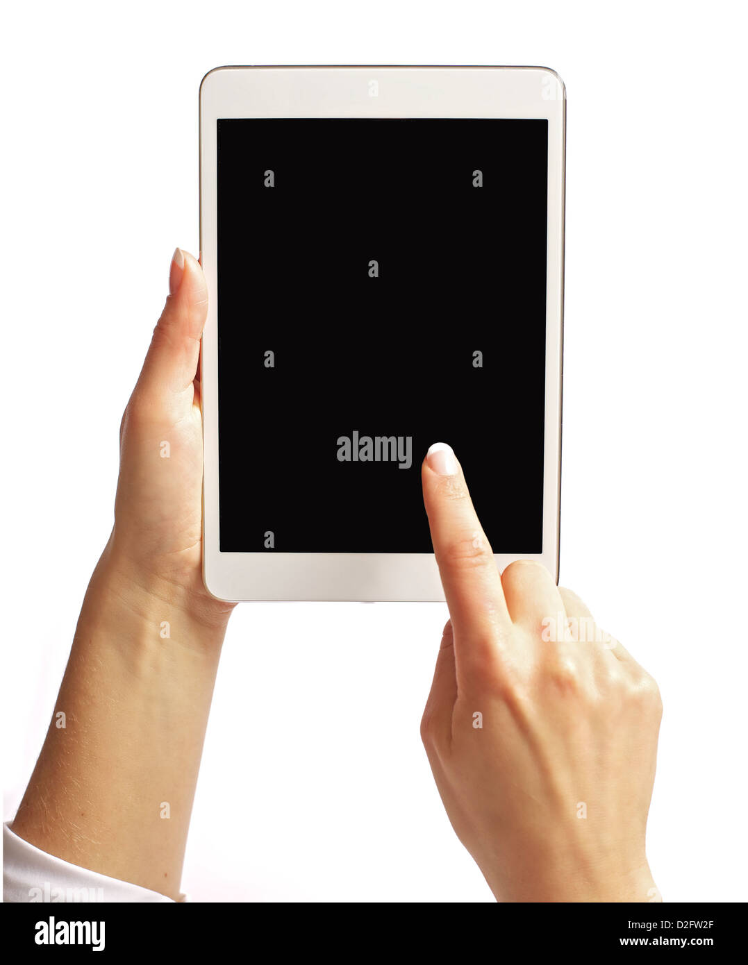 Puntare il dito sul digitale tablet PC schermo vuoto isolato su bianco Foto Stock
