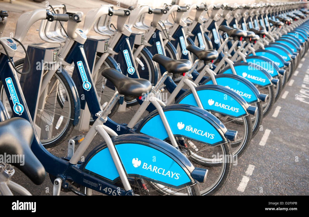 Barclays Boris biciclette a noleggio nel sud est di Londra UK. Trasporto per schema di Londra Foto Stock