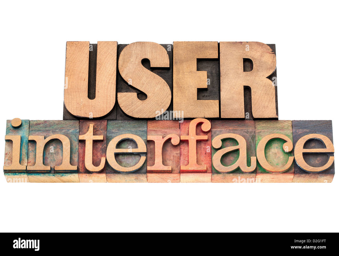 Interfaccia utente - testo isolato in rilievografia vintage tipo legno blocchi di stampa Foto Stock
