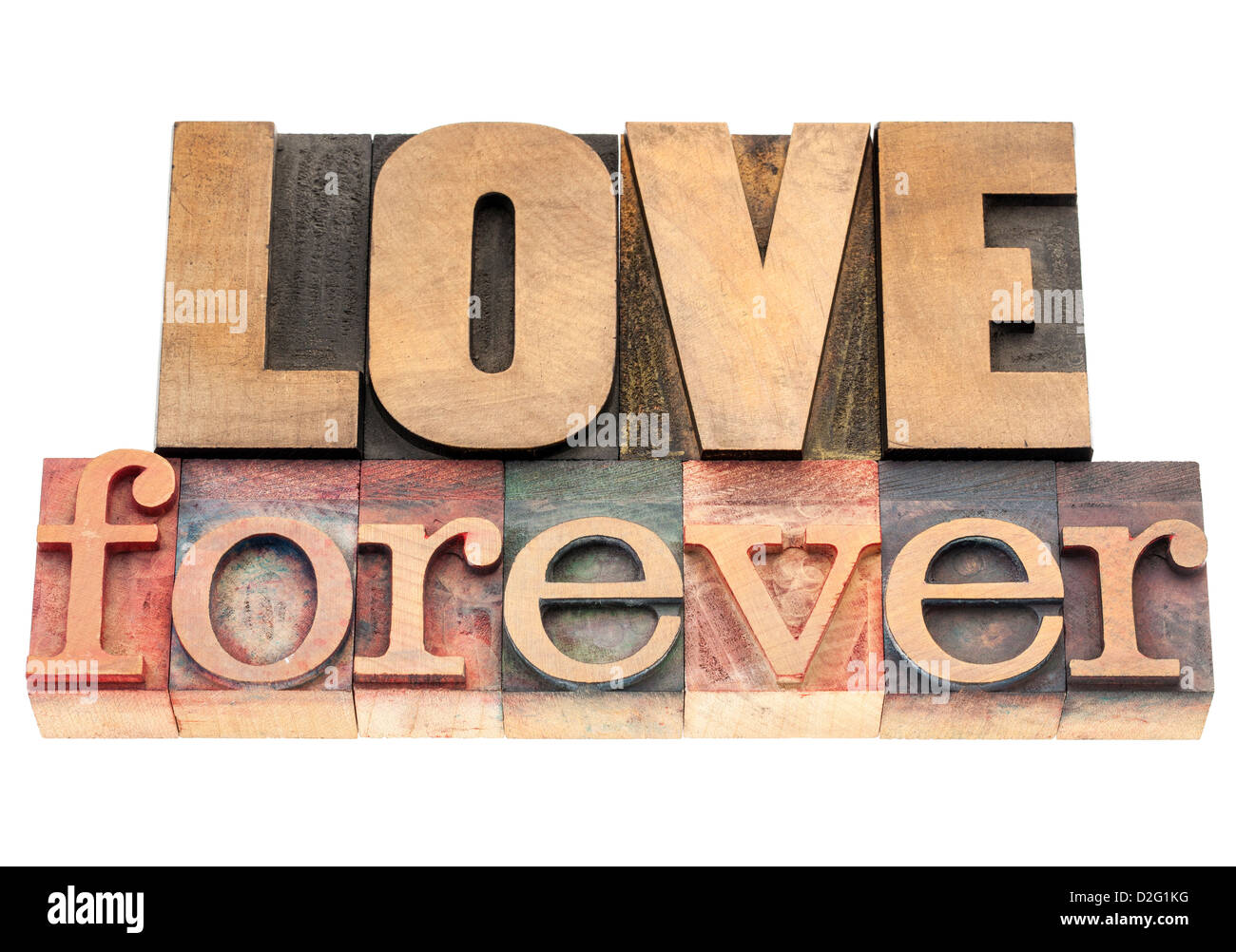 Amore per sempre - testo isolato in rilievografia vintage tipo legno blocchi di stampa Foto Stock