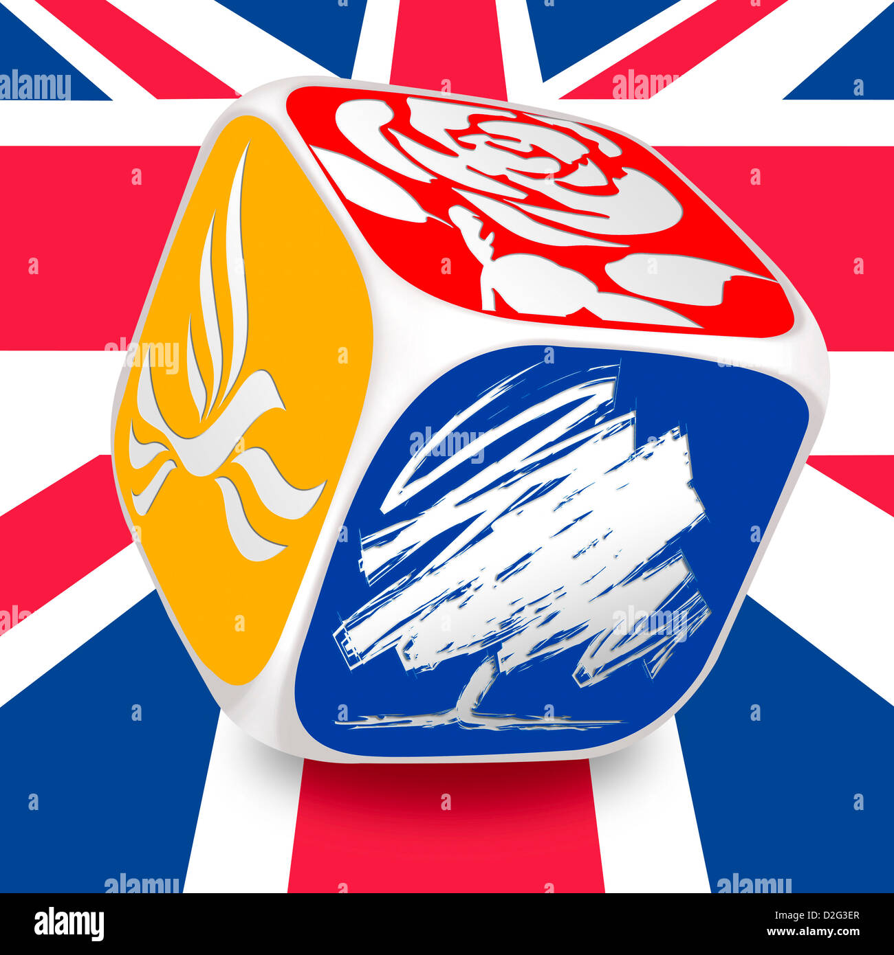 Dadi con i loghi delle tre principali UK partiti politici su una Unione Jack lo sfondo Foto Stock