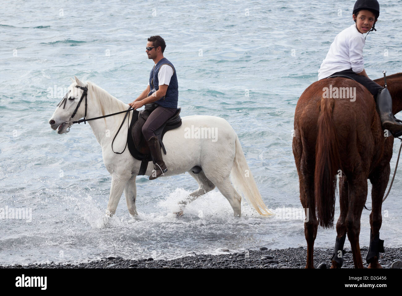 Fiesta di San Sebastian dove Adejeros locale di portare i loro animali da Benedetto e poi prendere i cavalli alla balneazione Foto Stock