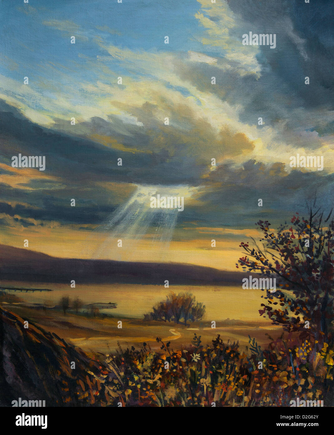 Un dipinto ad olio su tela di un tramonto colorato con un raggio luminoso di luce che risplende attraverso le nuvole e un tranquillo lago. Foto Stock