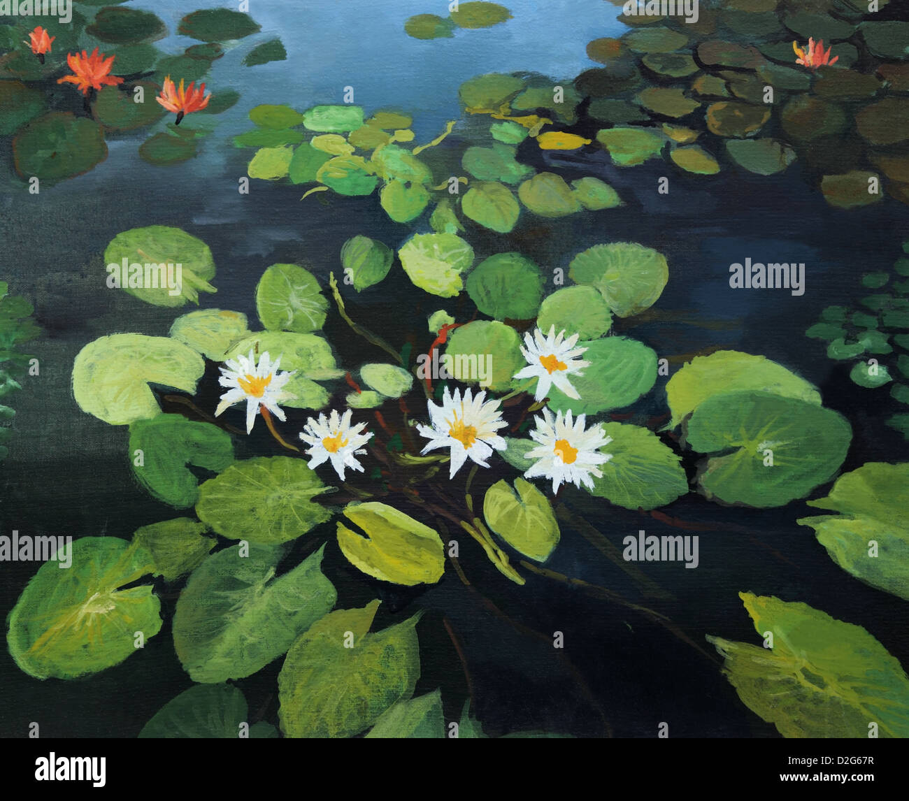 Un dipinto ad olio su tela di un laghetto colorato con splendide ninfee, fiori di loto e il cielo riflesso nell'acqua. Foto Stock