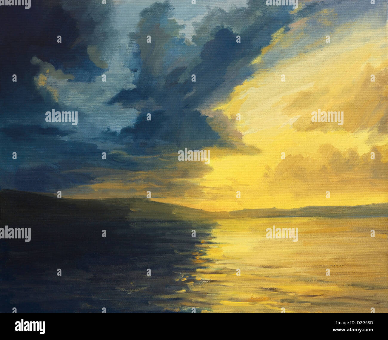 Un dipinto ad olio su tela di un drammatico contrasto elevato il tramonto sul mare. Una battaglia tra la luce calda e le ombre scure. Foto Stock