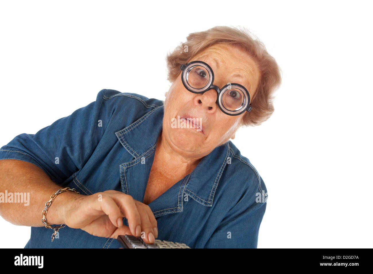 Donna anziana con la calcolatrice Foto Stock