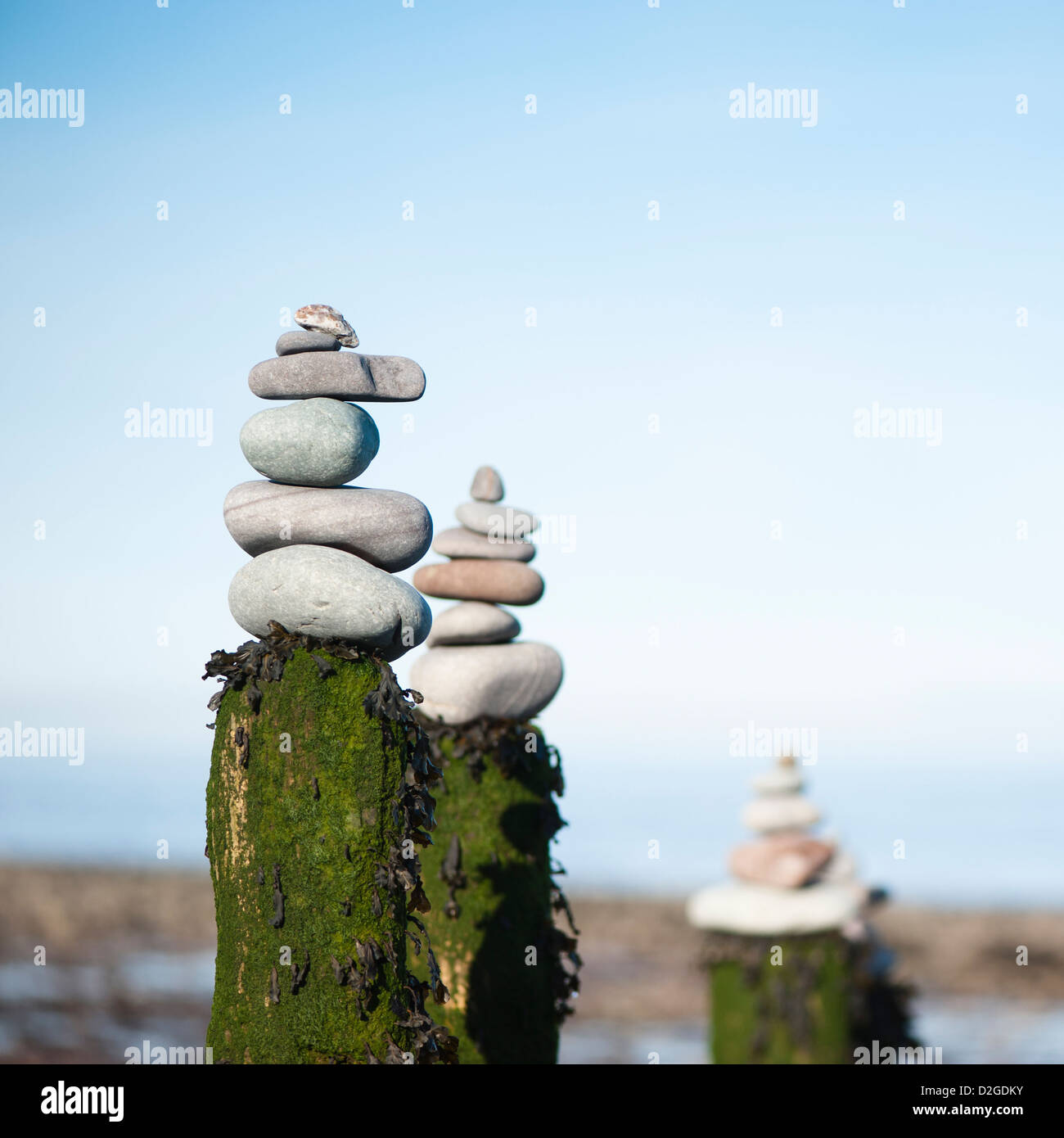 Cataste di pietre sulla parte superiore di una tavola di legno groyne sulla spiaggia di Porlock Weir, Somerset, Inghilterra, Regno Unito Foto Stock