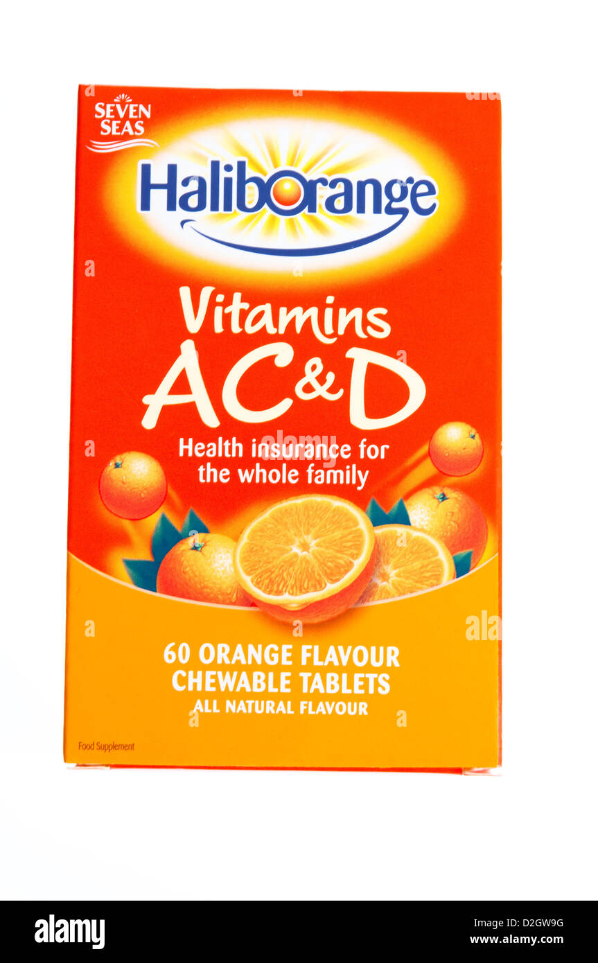 Una scatola di Haliborange Vitamine A C & D - un integratore vitaminico in forma di compressa. Particolarmente consigliato per bambino / uso familiare. Foto Stock