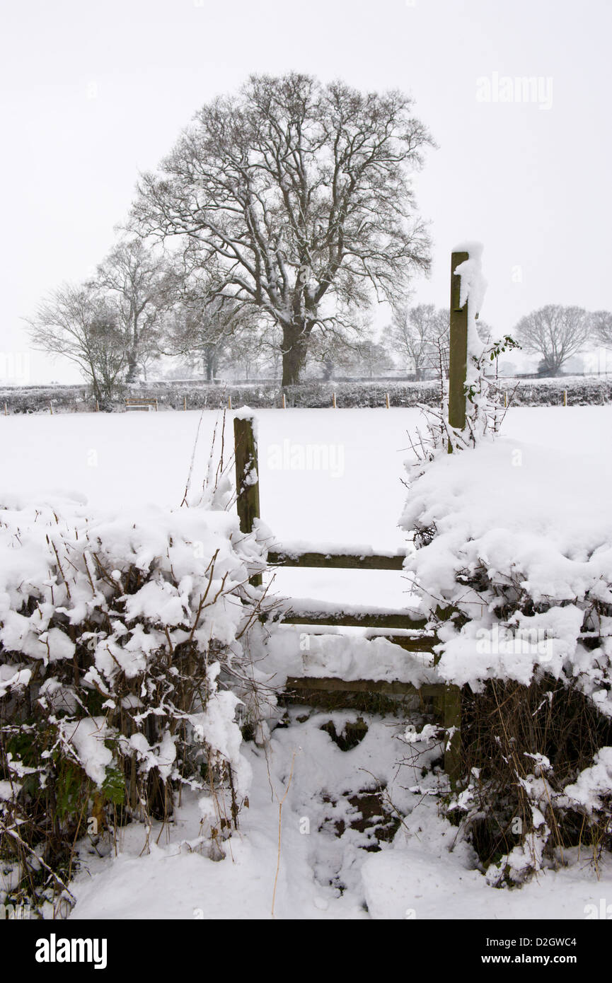 Sentiero segnaletica e stile sulla coperta di neve farmland in Herefordshire England Regno Unito Foto Stock