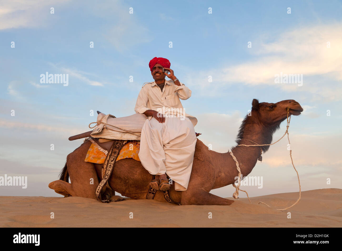 India Rajasthan, Tribesman seduto sul cammello utilizzando il telefono cellulare Foto Stock