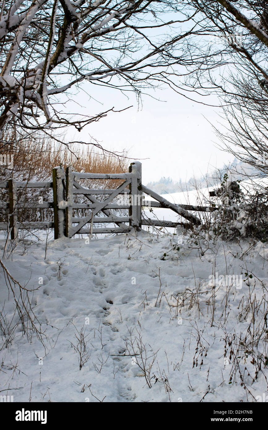 Porta ad un campo con vista oltre ad alta sul Mendips sopra Dean, Somerset, nel nevoso inverno del 2013 Foto Stock