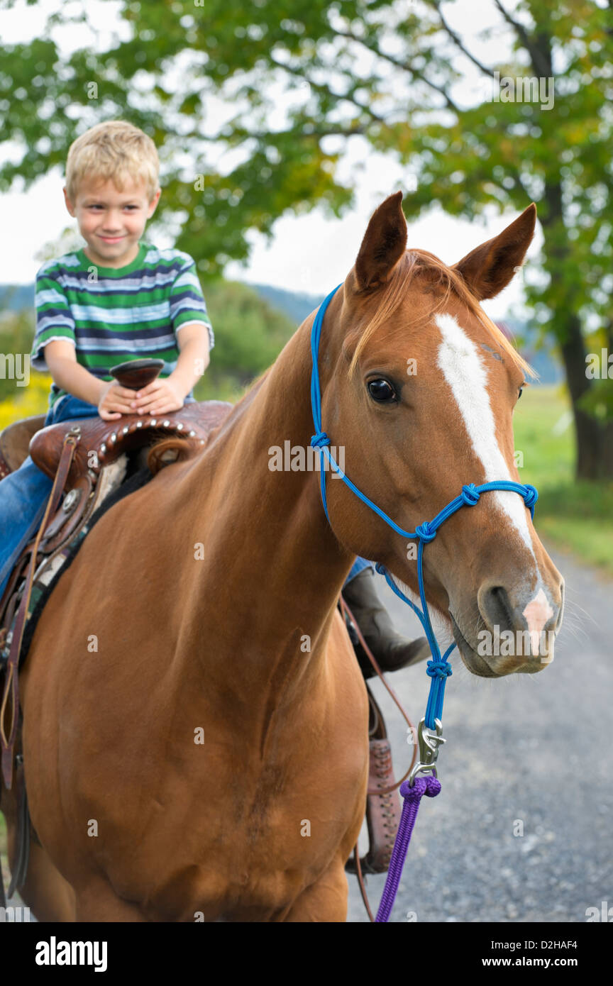 Ragazzo giovane a cavallo su un adulto sella, una fattoria kid sei anni diverte sorridente e felice, focus sul cavallo, Foto Stock