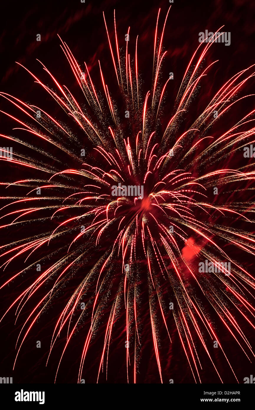 Fuochi d'artificio esplosioni contro il cielo notturno in vacanza celebrazione, un burst di colore per utilizzare come elementi di design e gli sfondi. Foto Stock