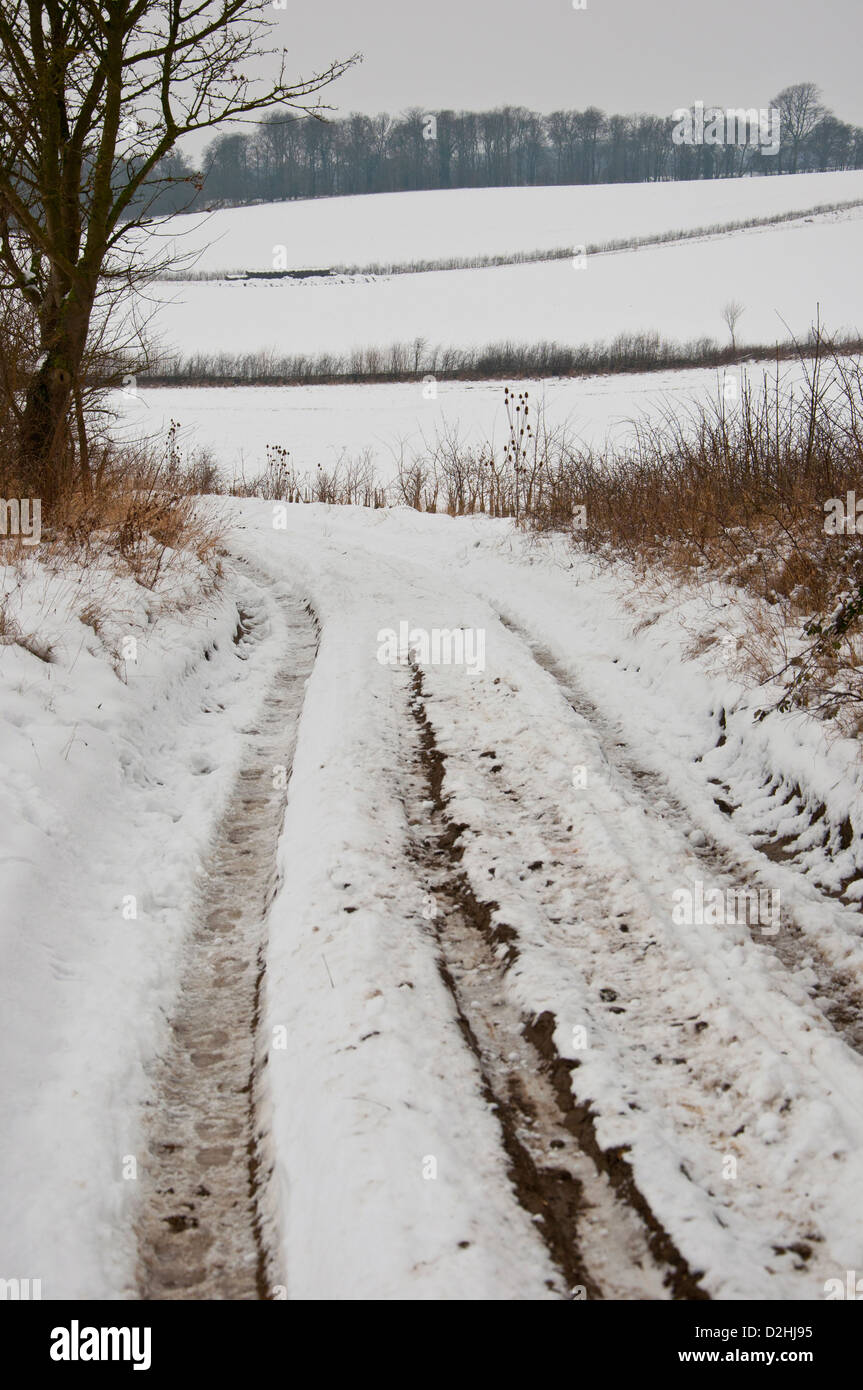 Agriturismo via in Cambridgeshire campagna nella neve Foto Stock