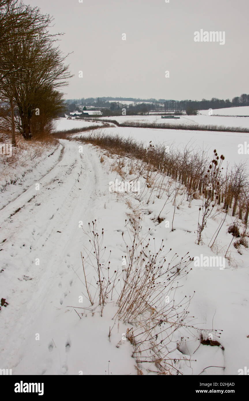 Agriturismo via in Cambridgeshire campagna nella neve Foto Stock