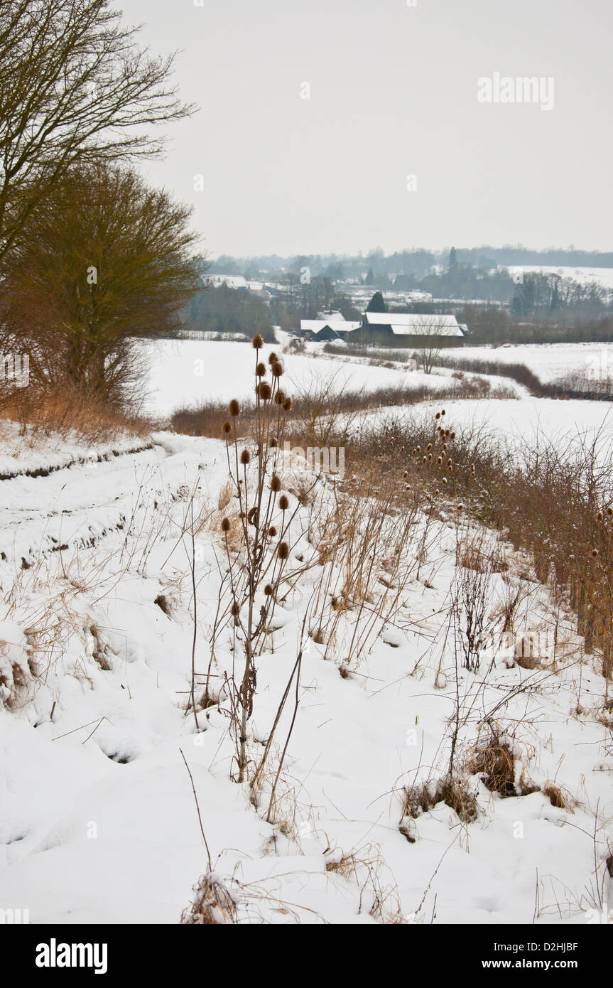 Agriturismo via in Cambridgeshire campagna nella neve Foto Stock