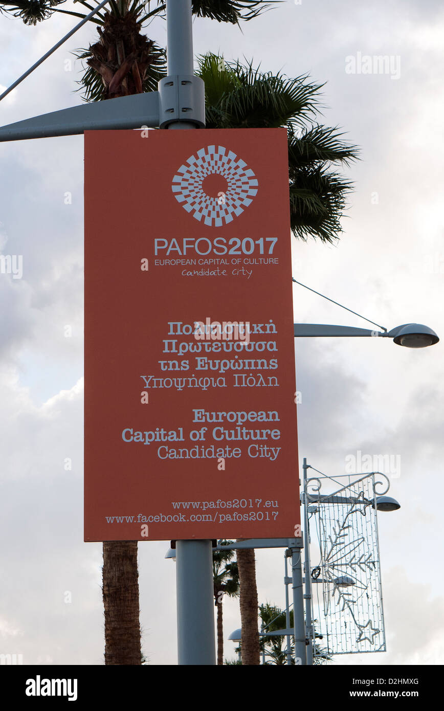 Capitale europea della cultura candidati Cipro Paphos 2017 segno su lampost Foto Stock