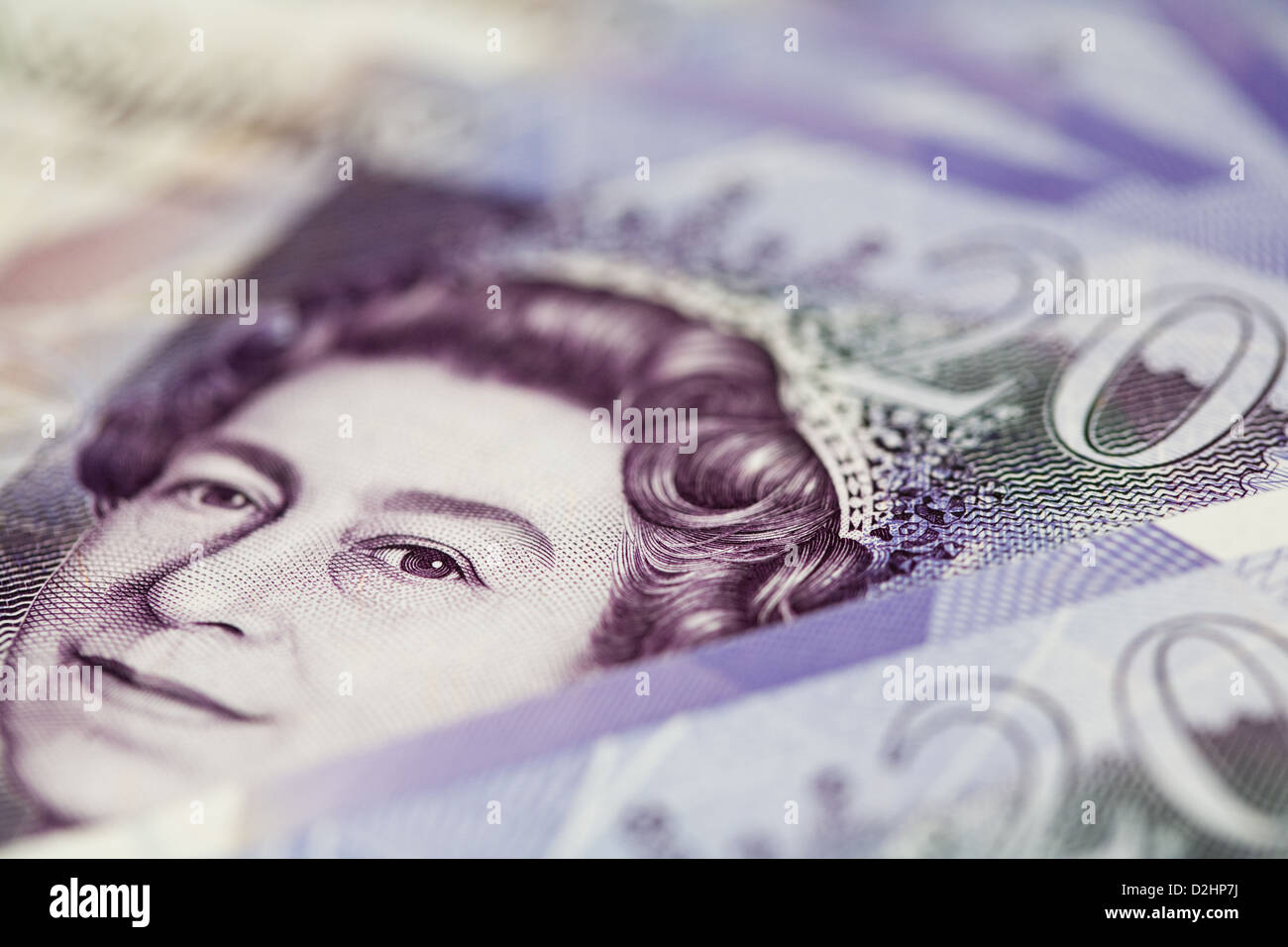 Close-up della testa della regina su una ventina di Pound nota Foto Stock