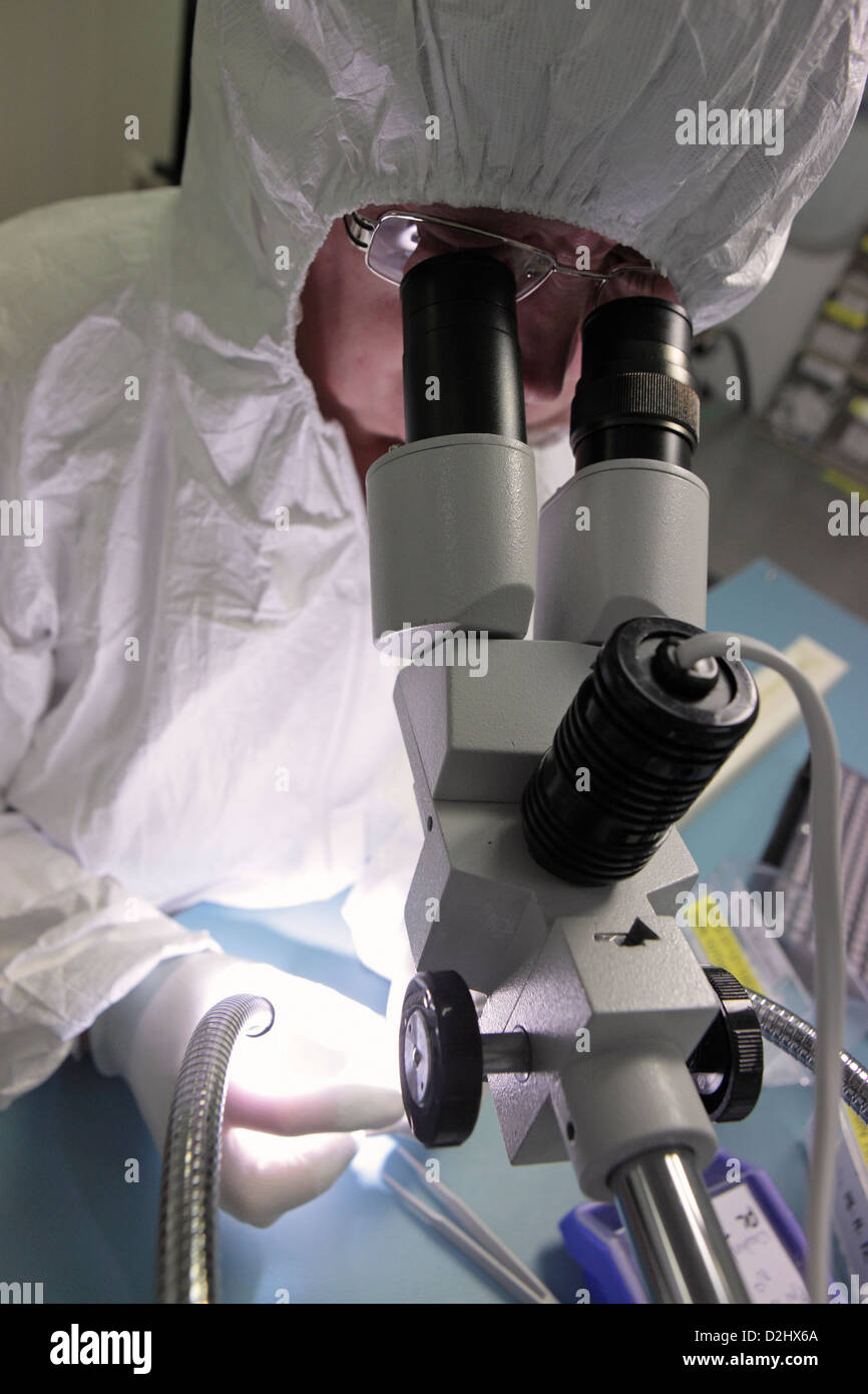 Camera pulita, industria elettronica microscopio da laboratorio e lavoratrice, REGNO UNITO Foto Stock