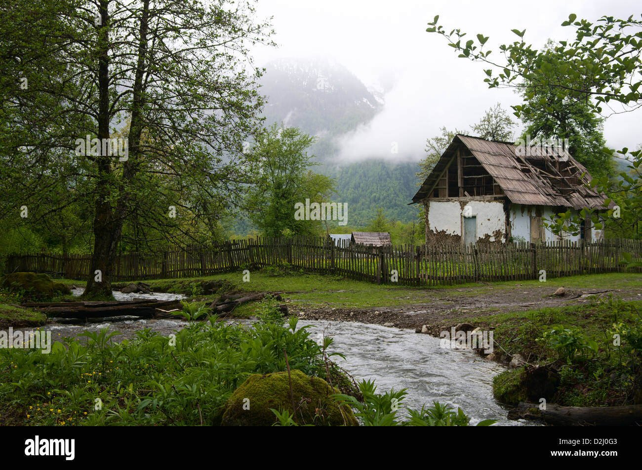 Vecchia casa nel bosco lungo il fiume Foto Stock
