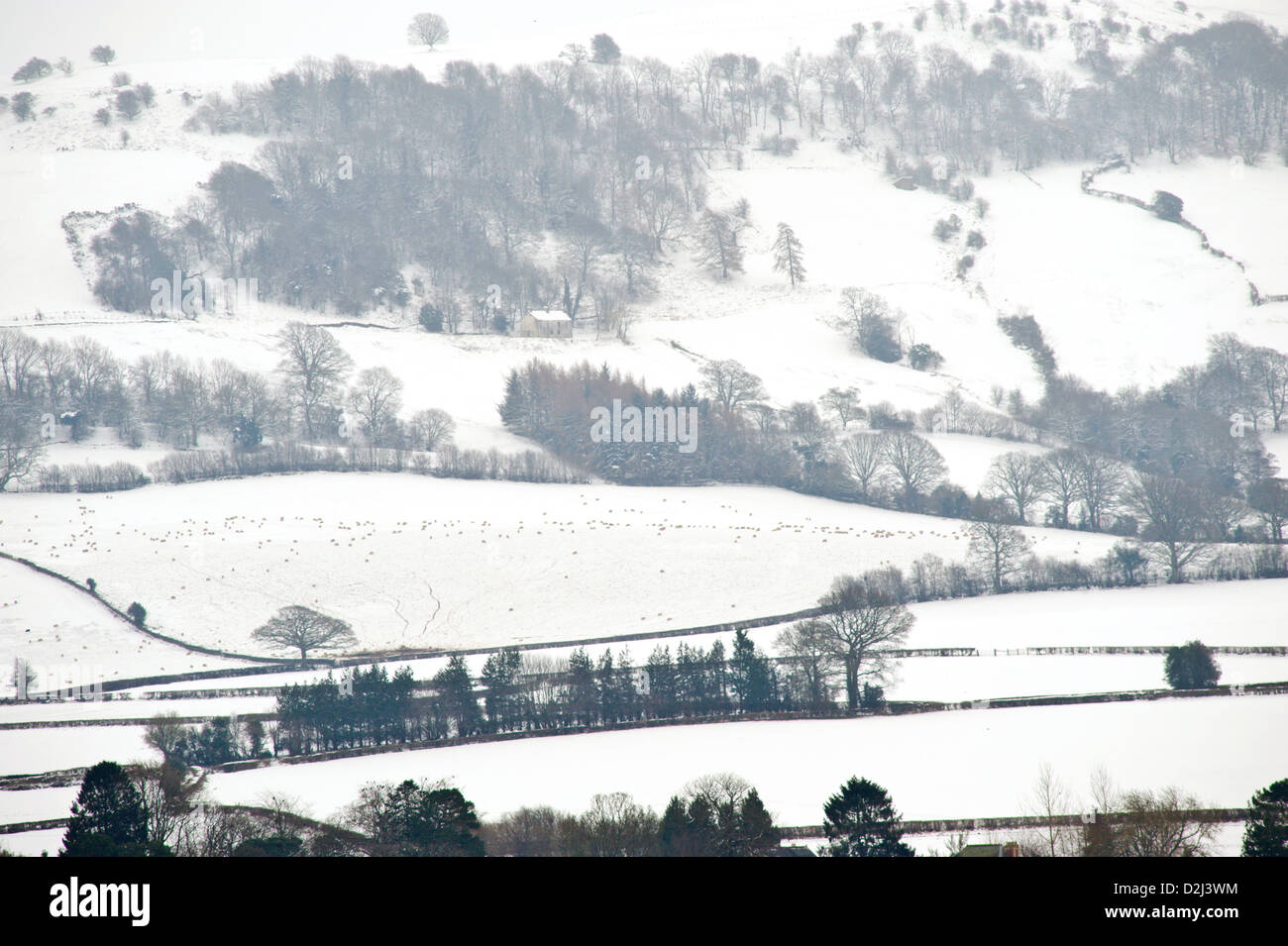 Neve invernale coperto terreni agricoli a Hay-on-Wye Powys Wales UK Foto Stock