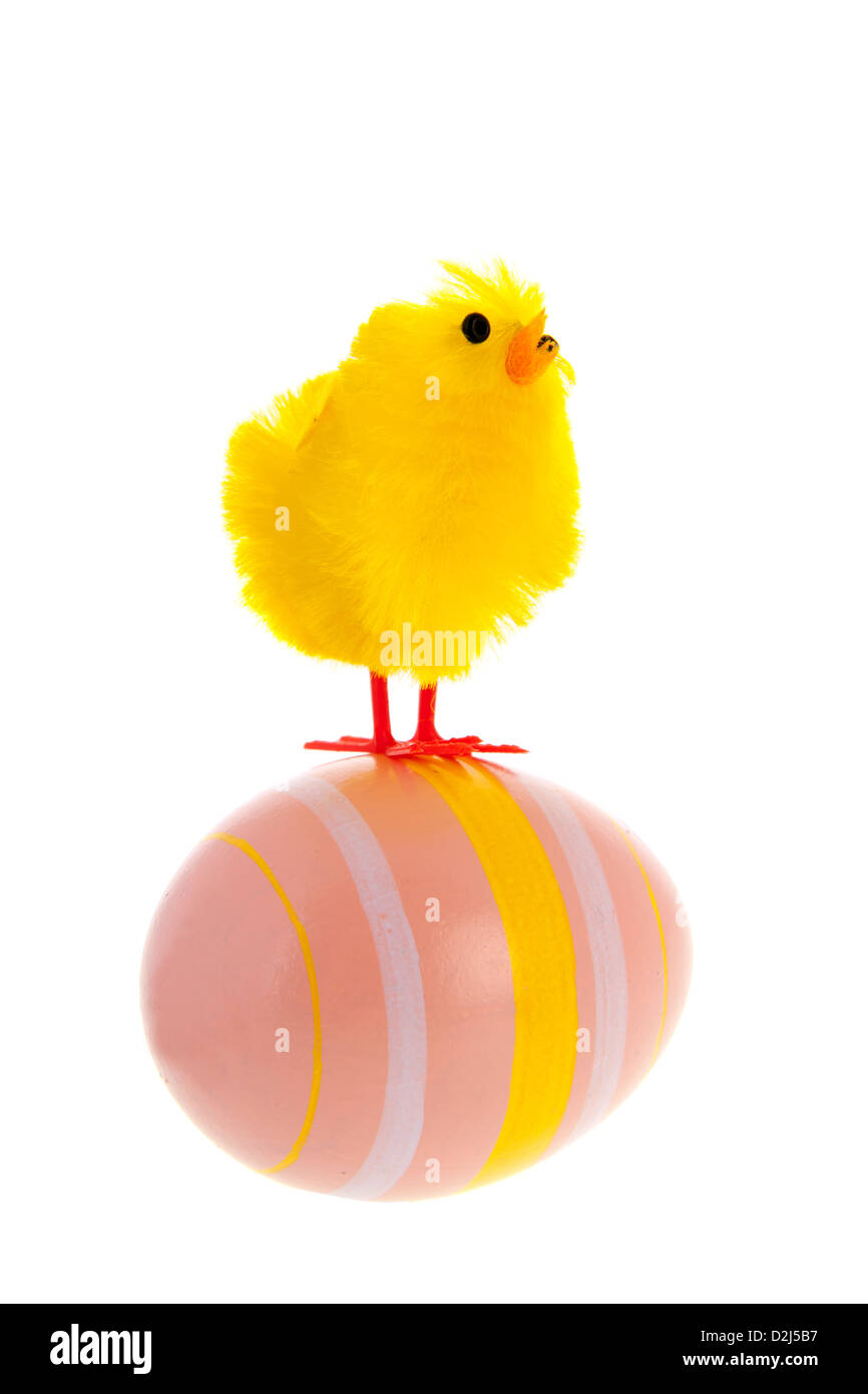 Pasqua pulcino su strisce rosa uovo isolate su sfondo bianco Foto Stock