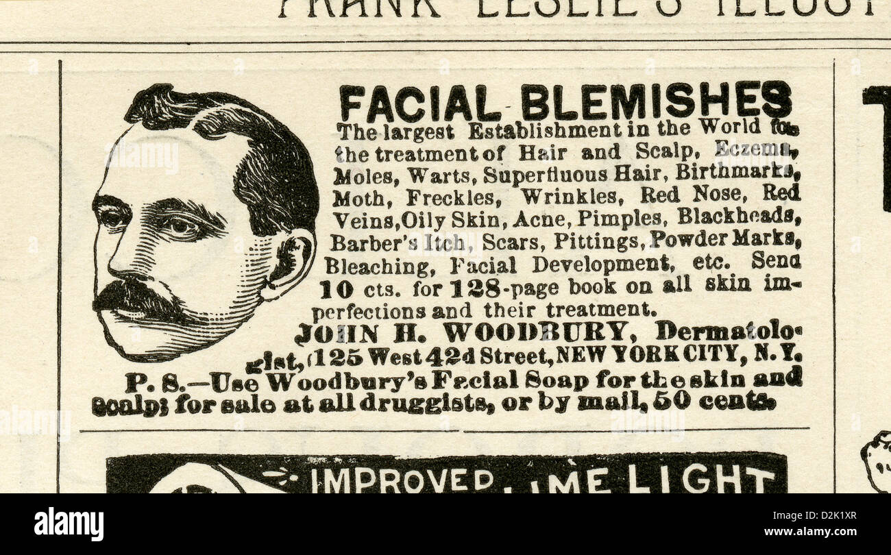 1890 annuncio, John H. Woodbury, dermatologo, di New York City. Foto Stock
