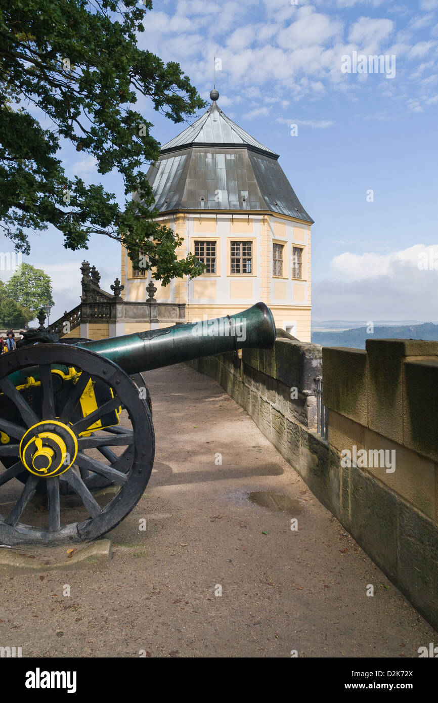 Konigstein fortezza e canon sul fiume Elba, Germania Foto Stock