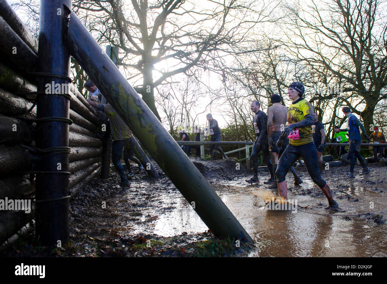 27.01.2013 Perton, Inghilterra. Gli sfidanti affrontare il "pareti Colditz' nei killing fields durante l'edizione invernale del duro a sud Perton Farm. Migliaia di comptitors eseguire il 8 'paese mile' ostacolo corso che include acqua, temperature di congelamento e di incendio. Foto Stock